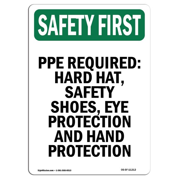 OSHA Sign, PPE Required- Hard Hat Safety, 24in X 18in Rigid Plastic, 18" W, 24" H, Portrait